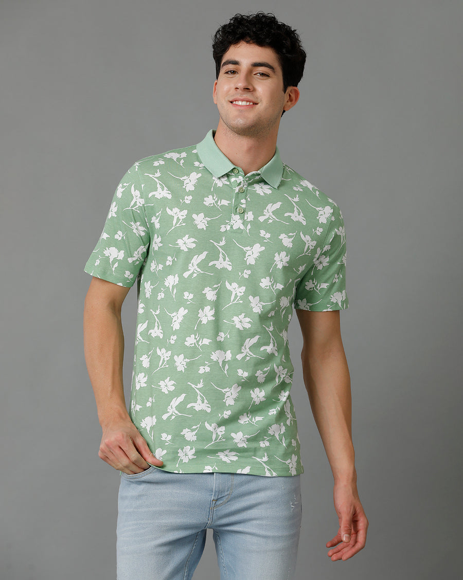 Voi Jeans Mens Quiet Green Regular Fit Short Sleeve Printed T-Shirt