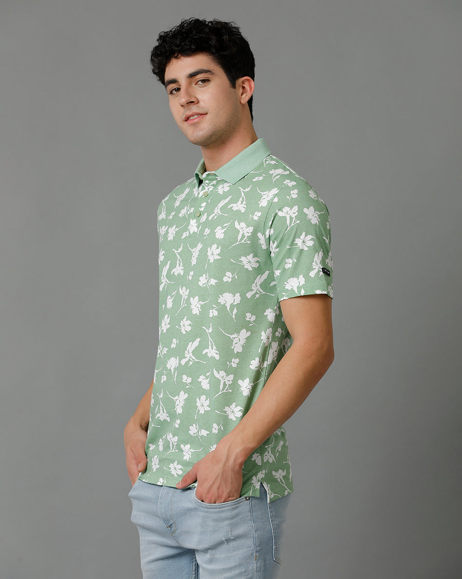 Voi Jeans Mens Quiet Green Regular Fit Short Sleeve Printed T-Shirt
