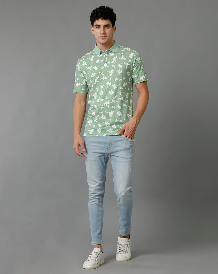 Voi Jeans Mens Quiet Green Regular Fit Short Sleeve Printed T-Shirt