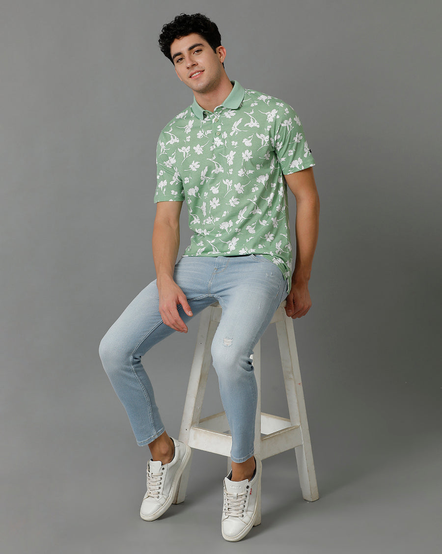 Voi Jeans Mens Quiet Green Regular Fit Short Sleeve Printed T-Shirt