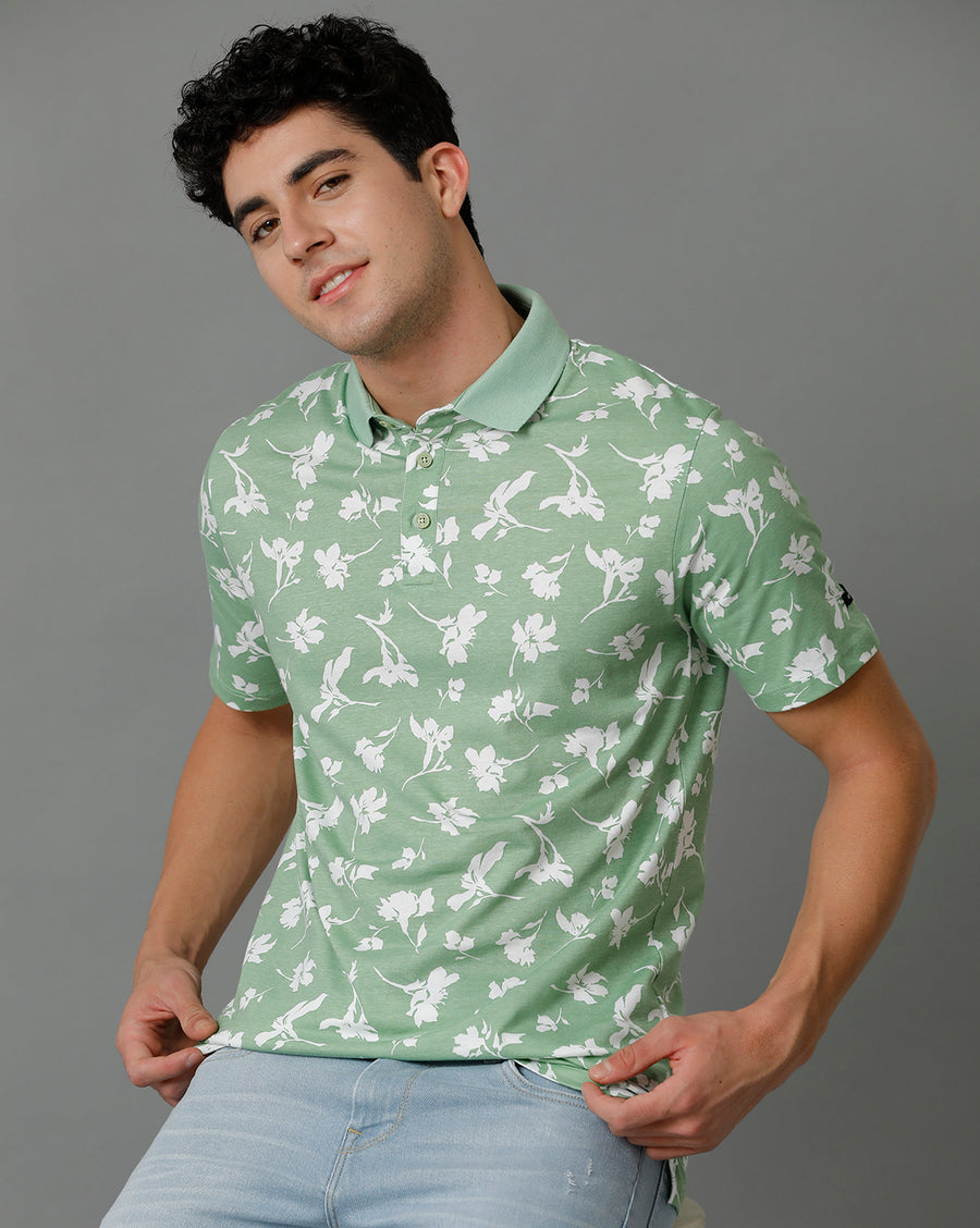 Voi Jeans Mens Quiet Green Regular Fit Short Sleeve Printed T-Shirt