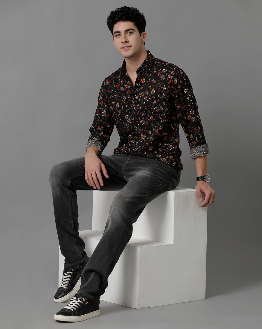 Black AOP Printed Slim Fit Full Sleeve Shirt