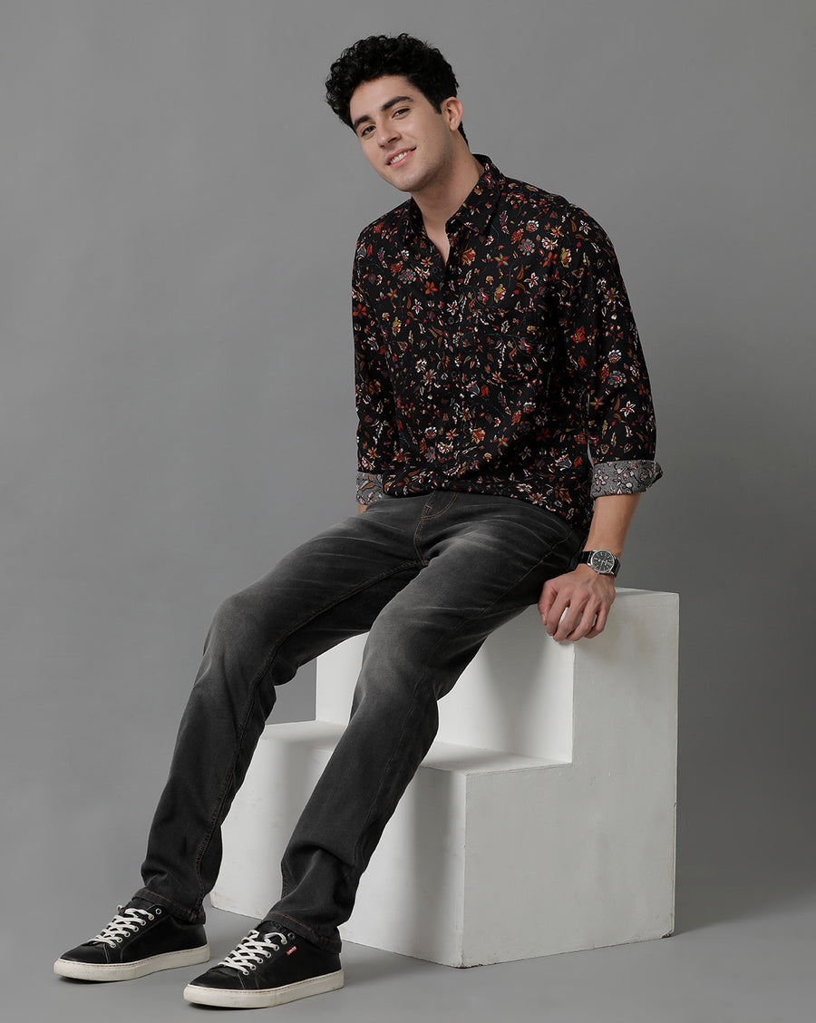 Black AOP Printed Slim Fit Full Sleeve Shirt
