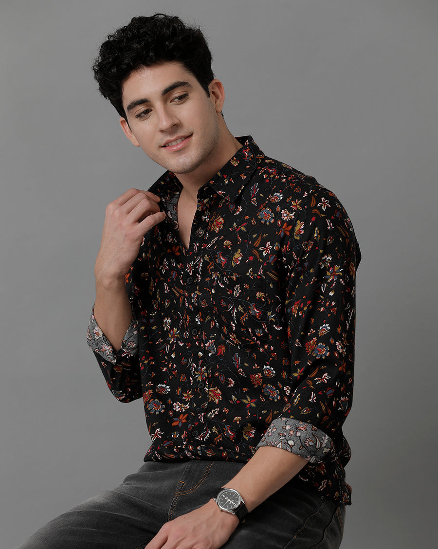 Black AOP Printed Slim Fit Full Sleeve Shirt