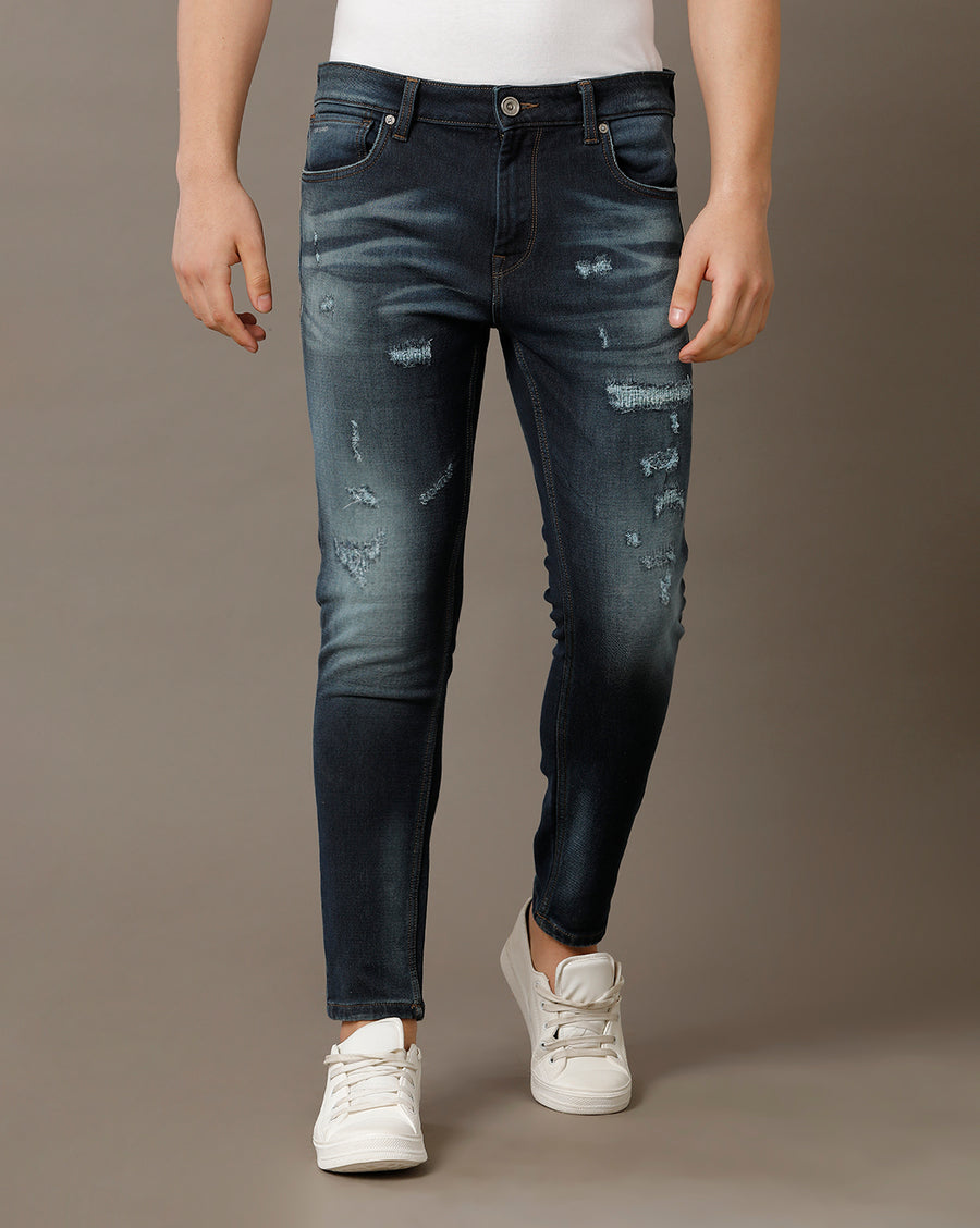 Voi Mens Indigo Track Skinny Cropped Cotton Poly Jeans