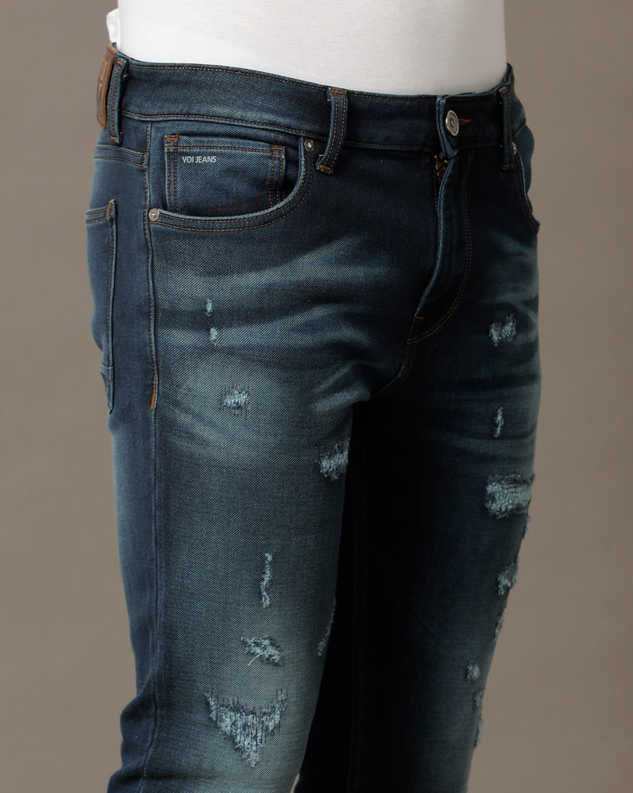 Voi Mens Indigo Track Skinny Cropped Cotton Poly Jeans
