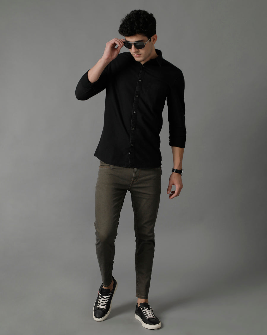 Dark Grey Slim Fit Full Sleeves Denim  Shirt