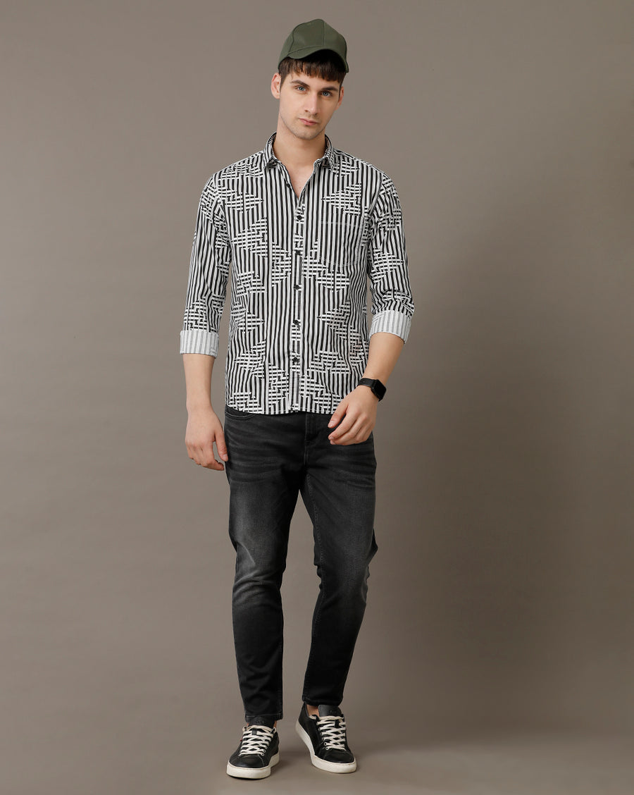 Voi Jeans Mens Black and White Slim Fit Shirt