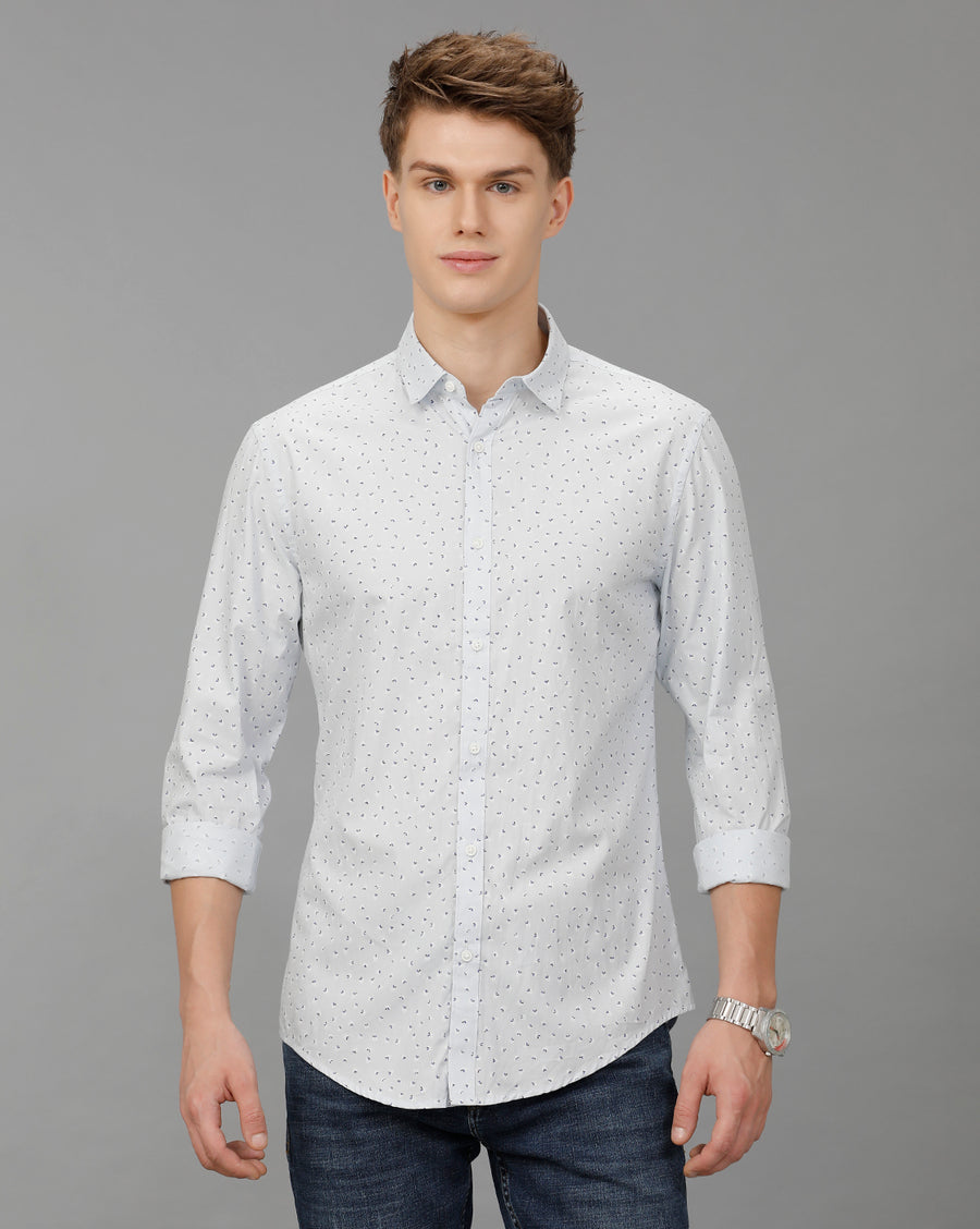 Slub Blue Aop Printed Slim Fit Shirt
