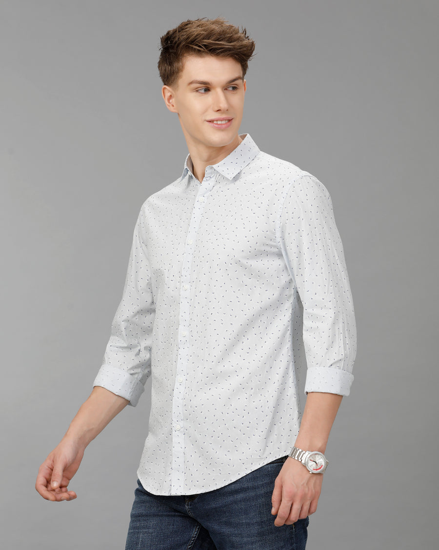 Slub Blue Aop Printed Slim Fit Shirt