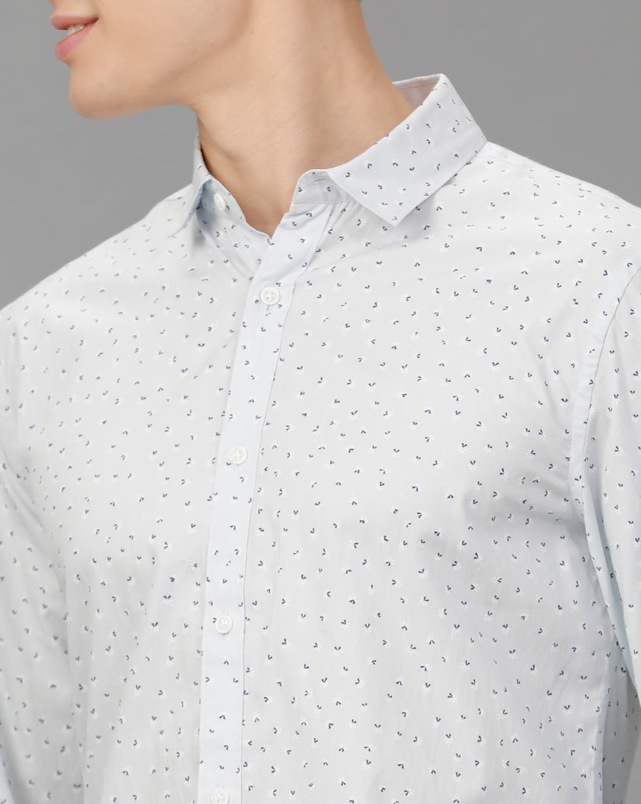 Slub Blue Aop Printed Slim Fit Shirt