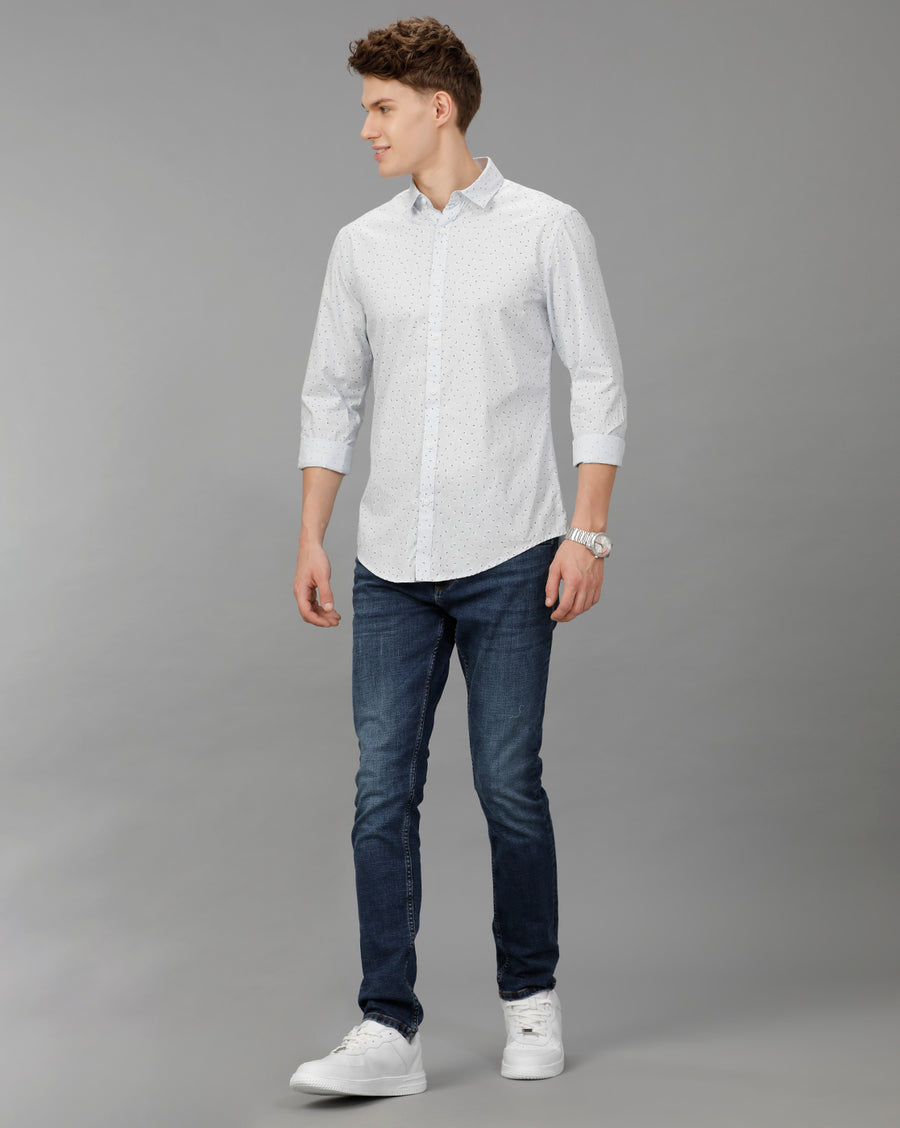 Slub Blue Aop Printed Slim Fit Shirt