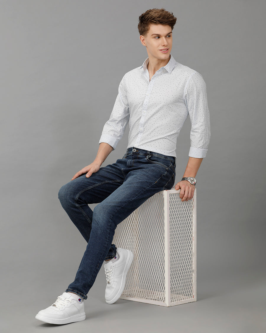 Slub Blue Aop Printed Slim Fit Shirt