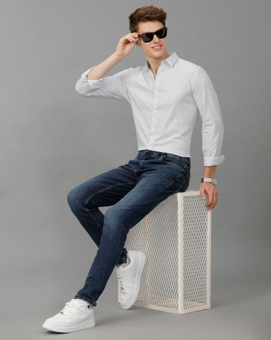Slub Blue Aop Printed Slim Fit Shirt
