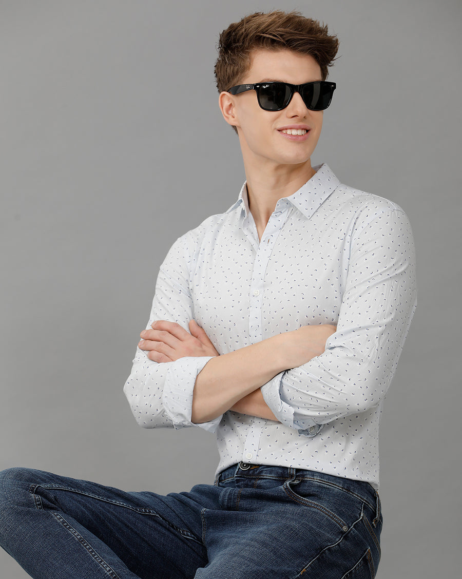 Slub Blue Aop Printed Slim Fit Shirt