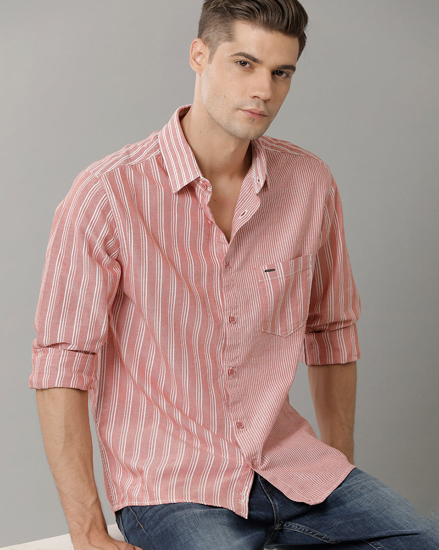 Voi Jeans Mens Red With White Stripe Slim Fit Shirt