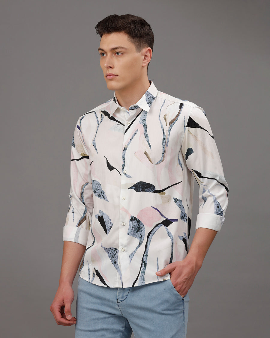 WHITE AOP REGULAR  FIT COTTON SHIRT