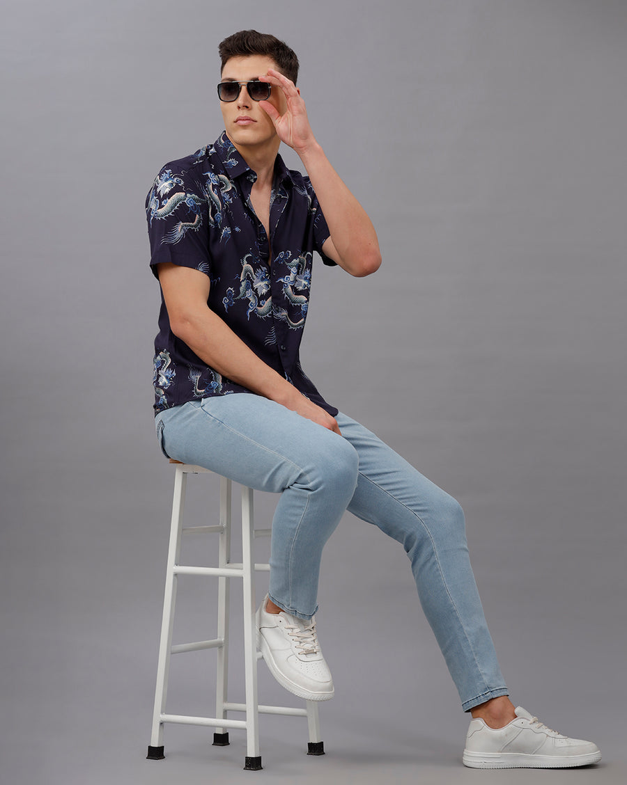 BLUE AOP BOXY FIT VISCOSE SHIRT