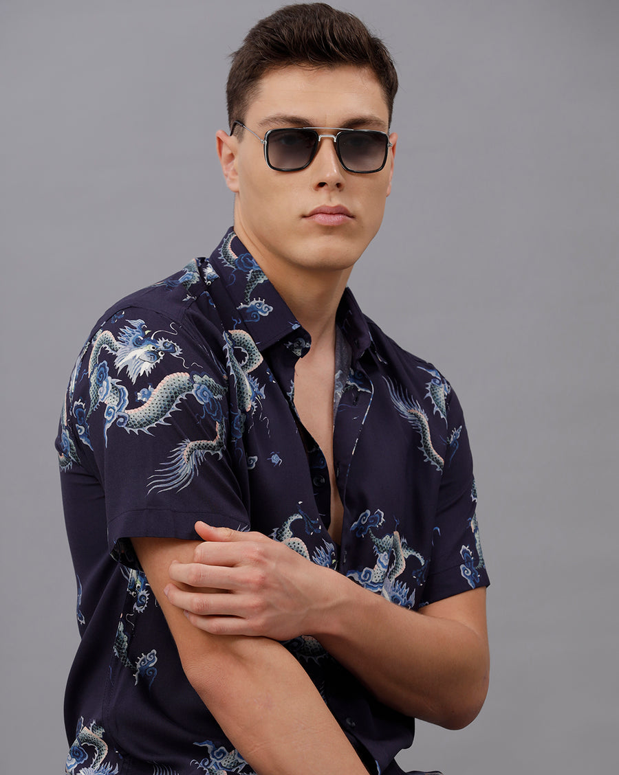 BLUE AOP BOXY FIT VISCOSE SHIRT