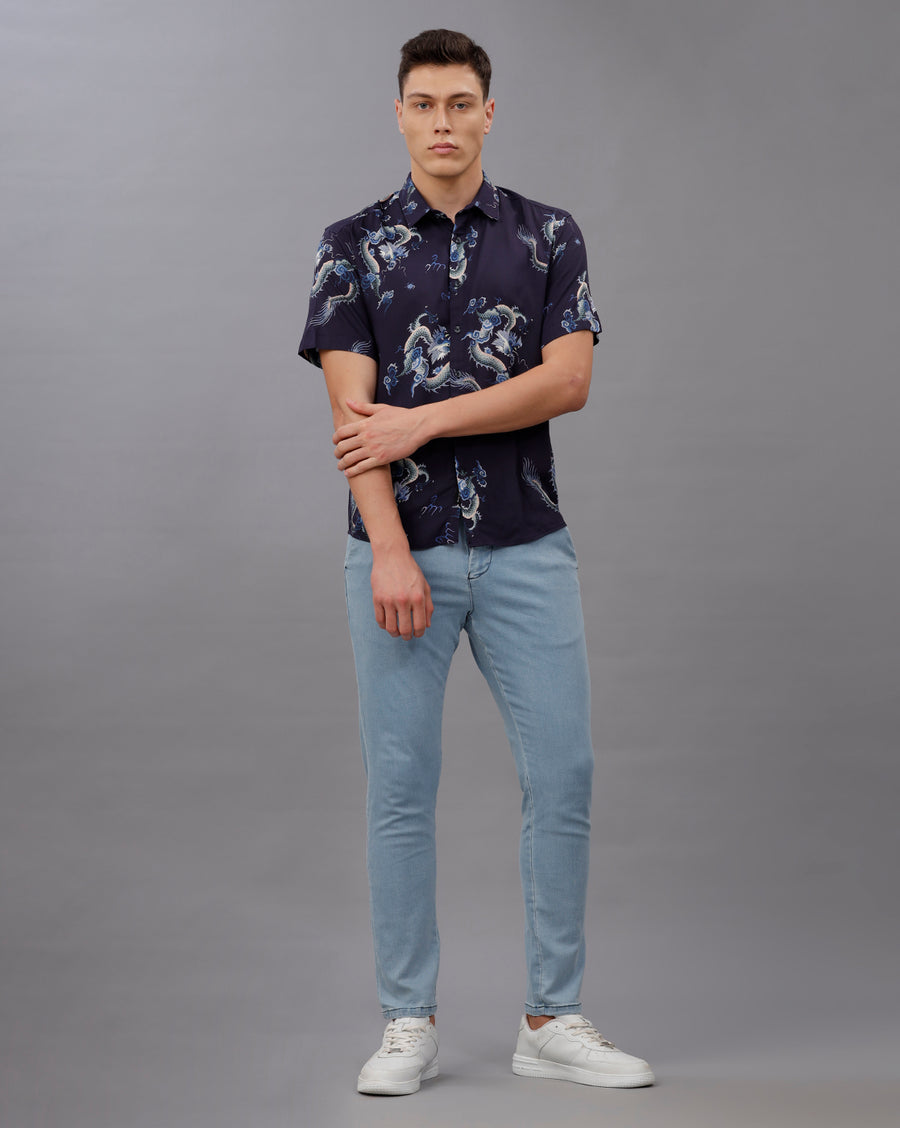 BLUE AOP BOXY FIT VISCOSE SHIRT