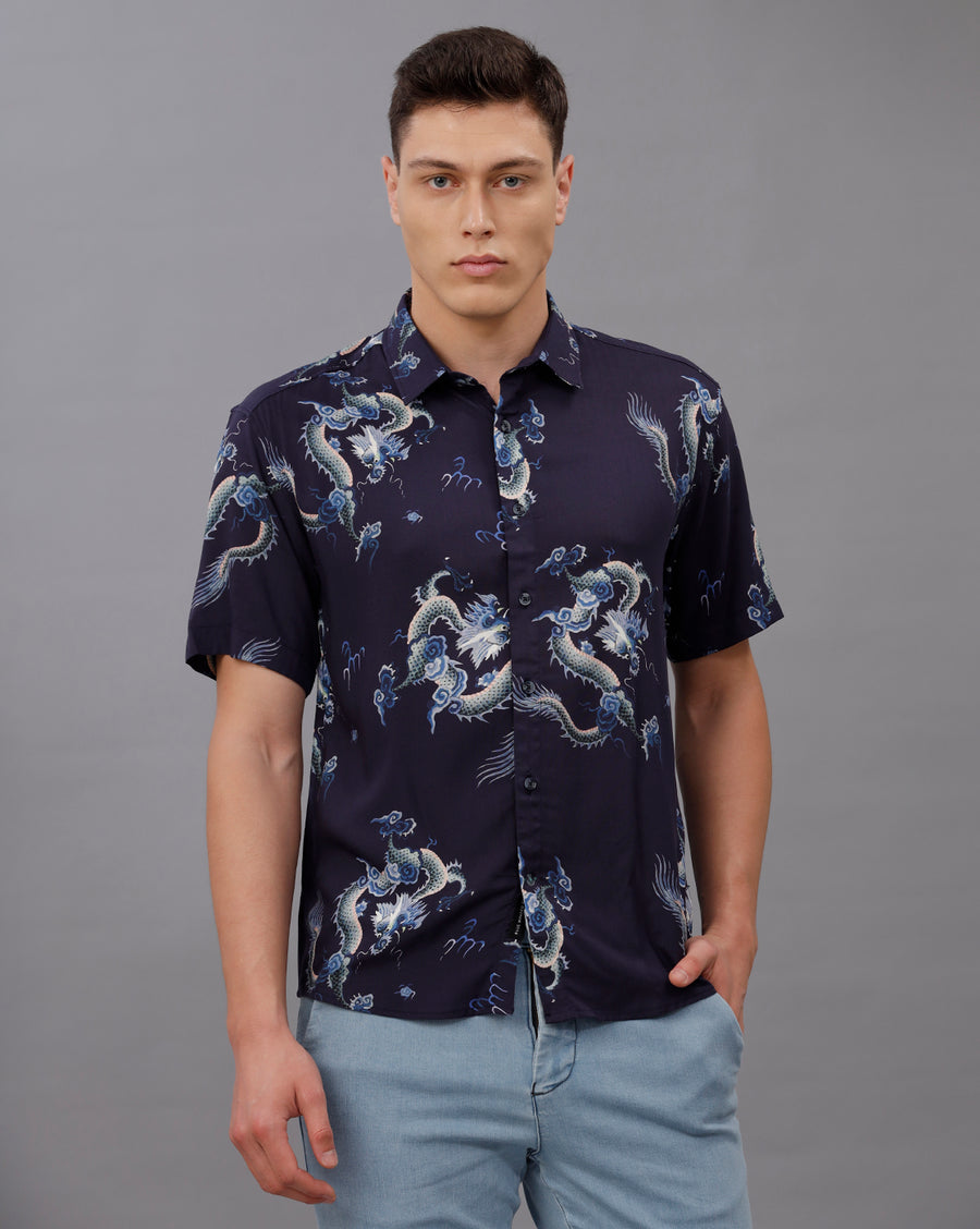 BLUE AOP BOXY FIT VISCOSE SHIRT