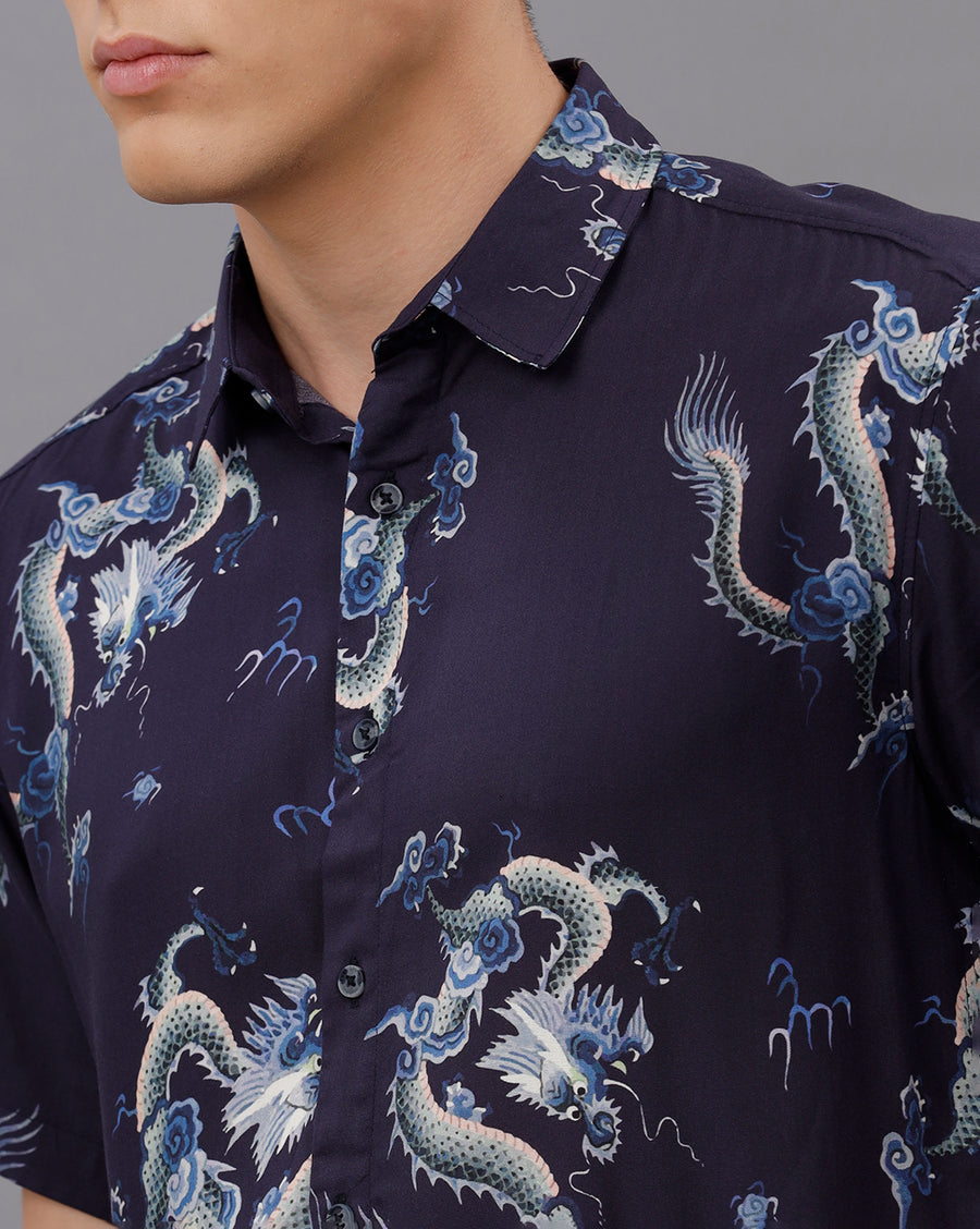 BLUE AOP BOXY FIT VISCOSE SHIRT