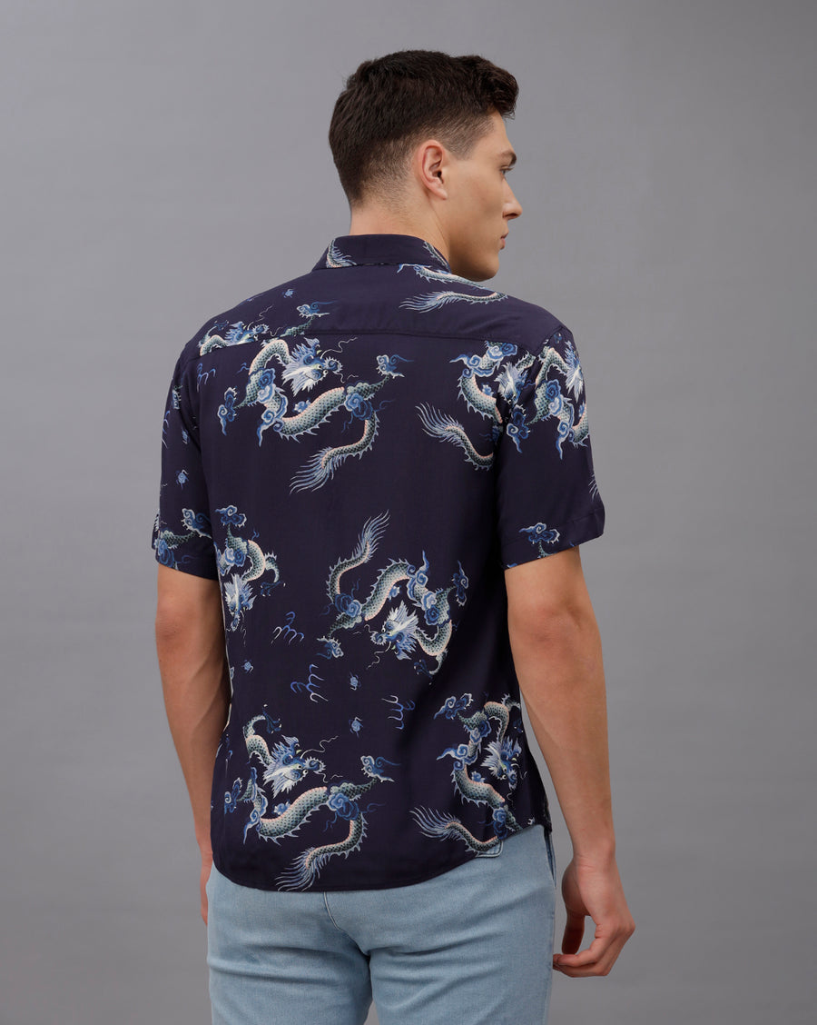 BLUE AOP BOXY FIT VISCOSE SHIRT