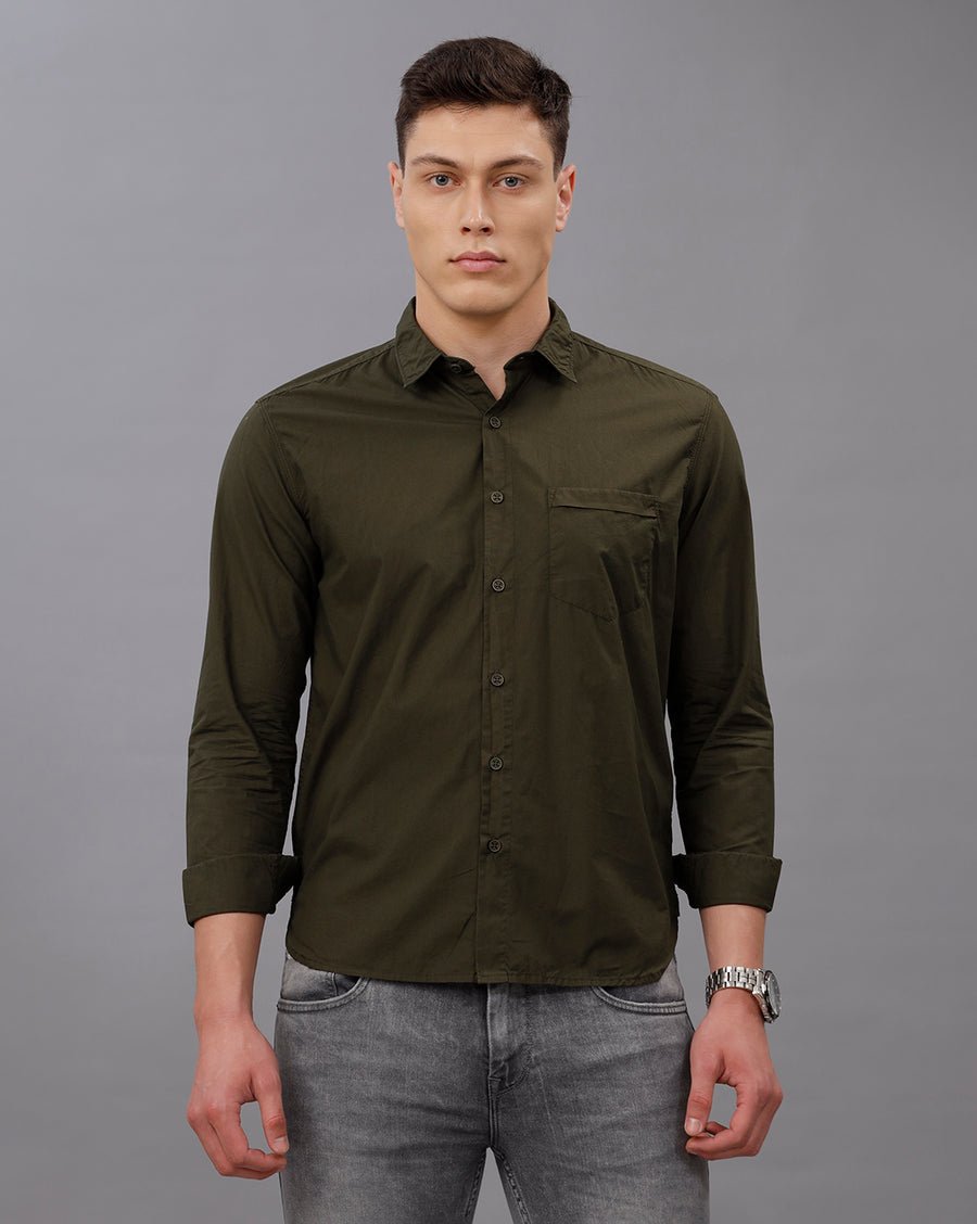 DARK GREEN REGULAR  FIT COTTON POPLIN SHIRT