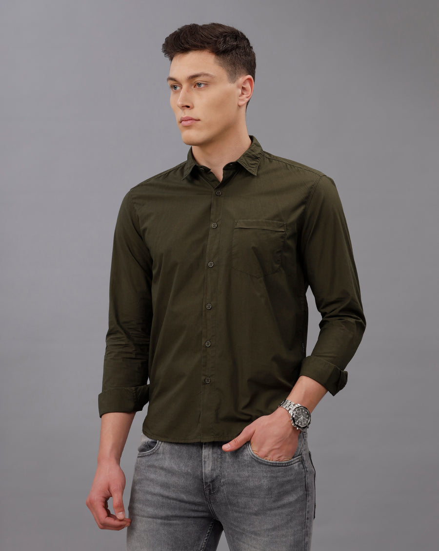DARK GREEN REGULAR  FIT COTTON POPLIN SHIRT