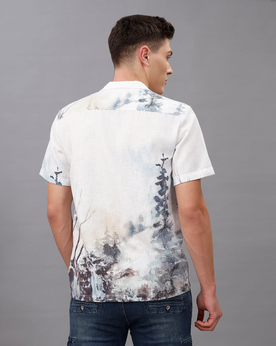 WHITE AOP REGULAR FIT POLYESTER COTTON SHIRT