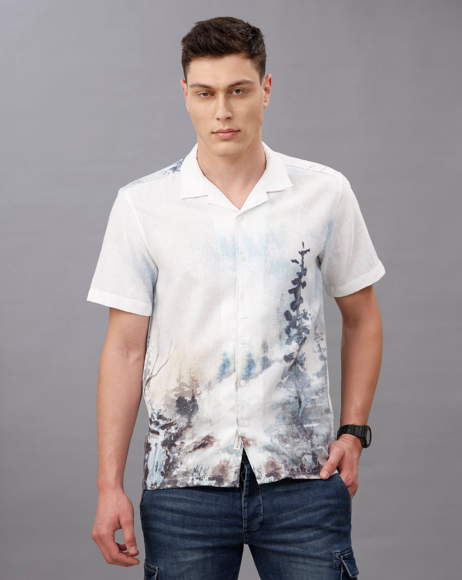 WHITE AOP REGULAR FIT POLYESTER COTTON SHIRT