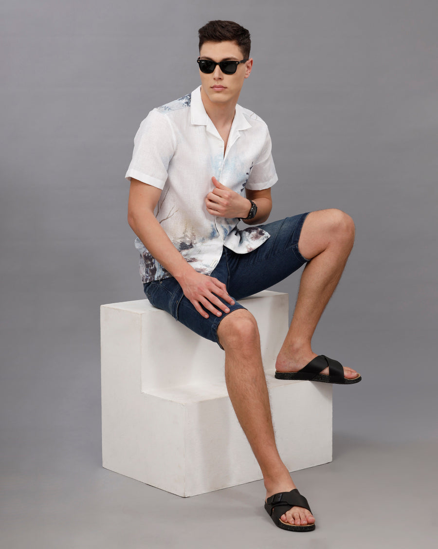 WHITE AOP REGULAR FIT POLYESTER COTTON SHIRT