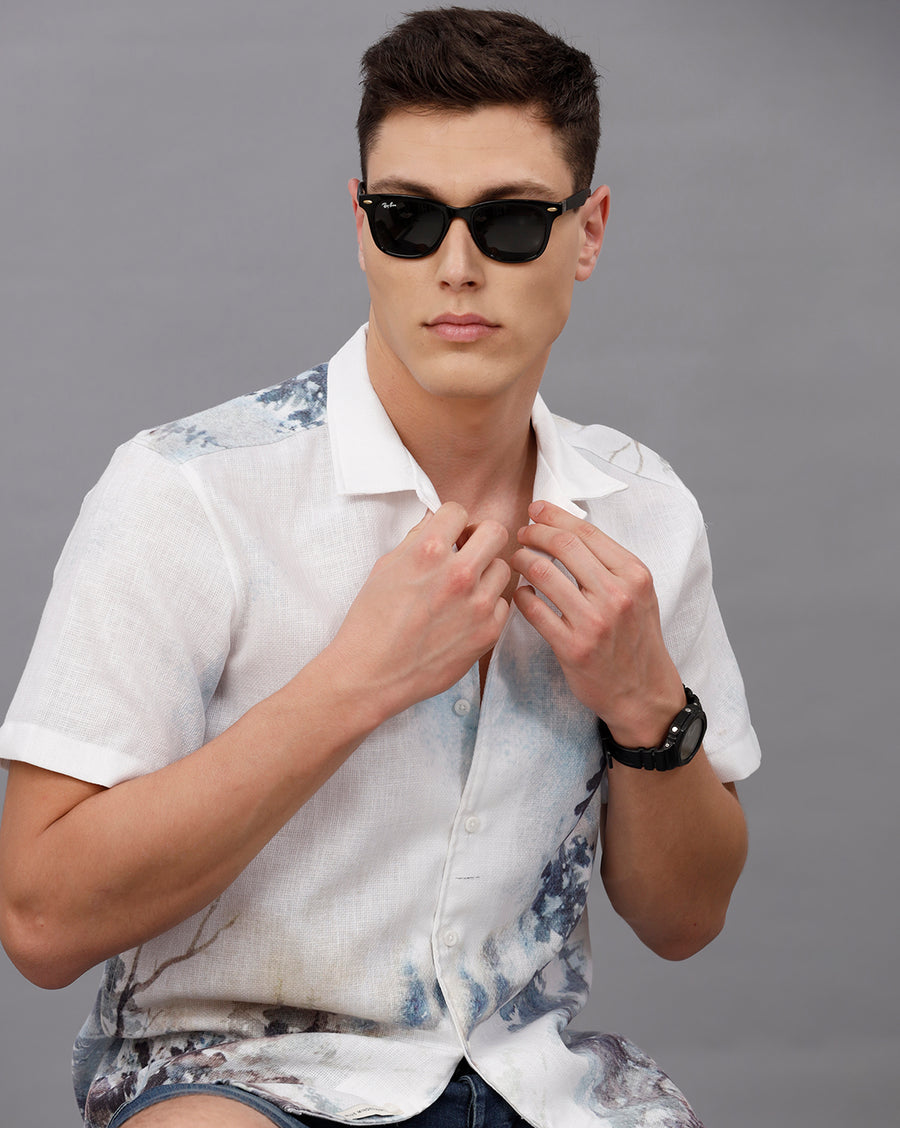 WHITE AOP REGULAR FIT POLYESTER COTTON SHIRT