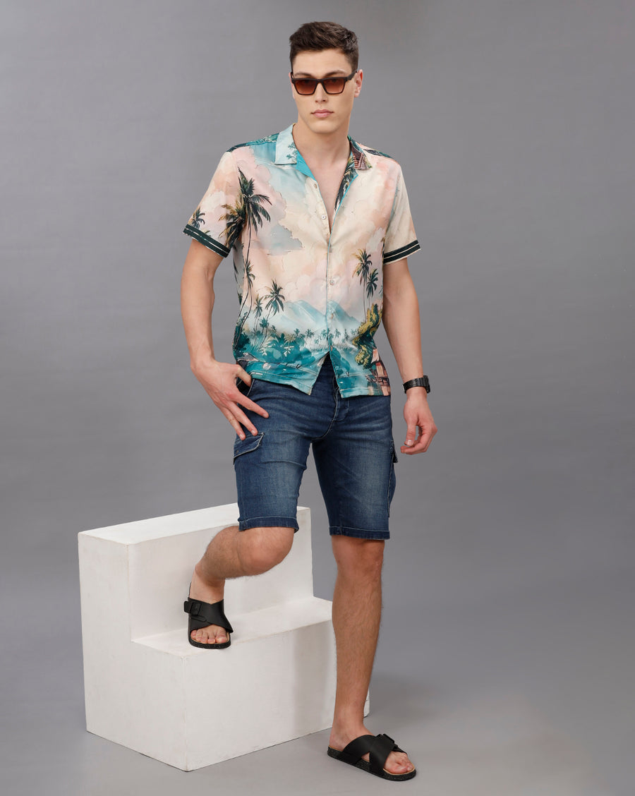 GREEN AOP REGULAR FIT POLYESTER SHIRT