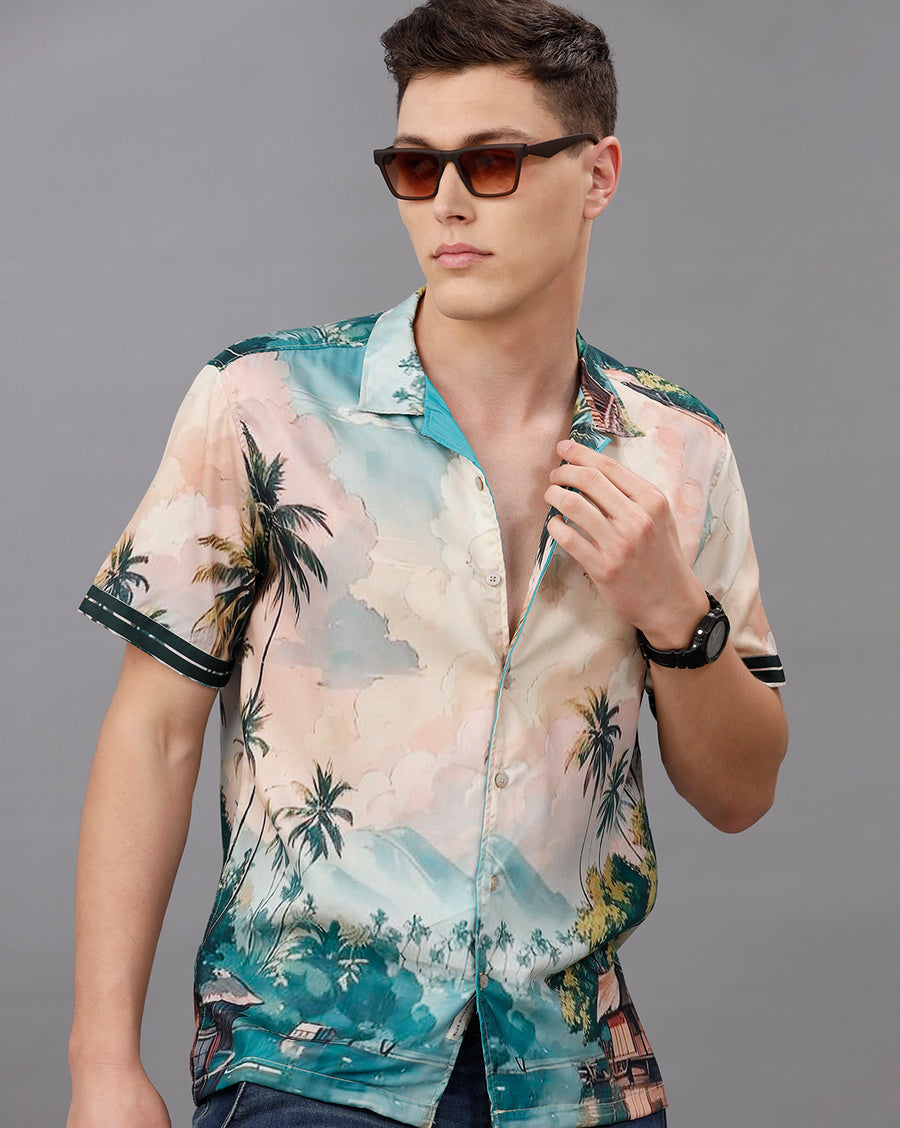GREEN AOP REGULAR FIT POLYESTER SHIRT
