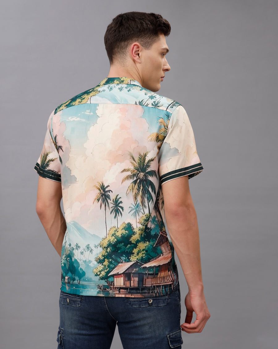 GREEN AOP REGULAR FIT POLYESTER SHIRT