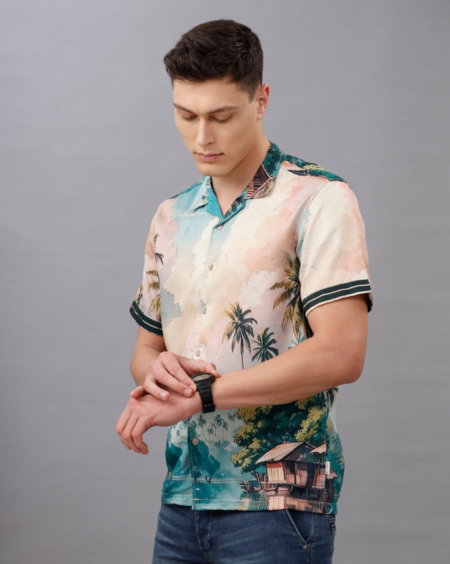 GREEN AOP REGULAR FIT POLYESTER SHIRT