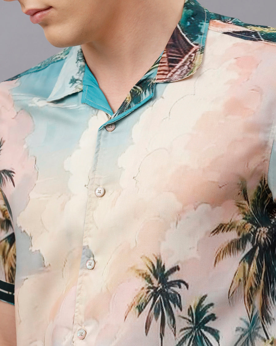 GREEN AOP REGULAR FIT POLYESTER SHIRT