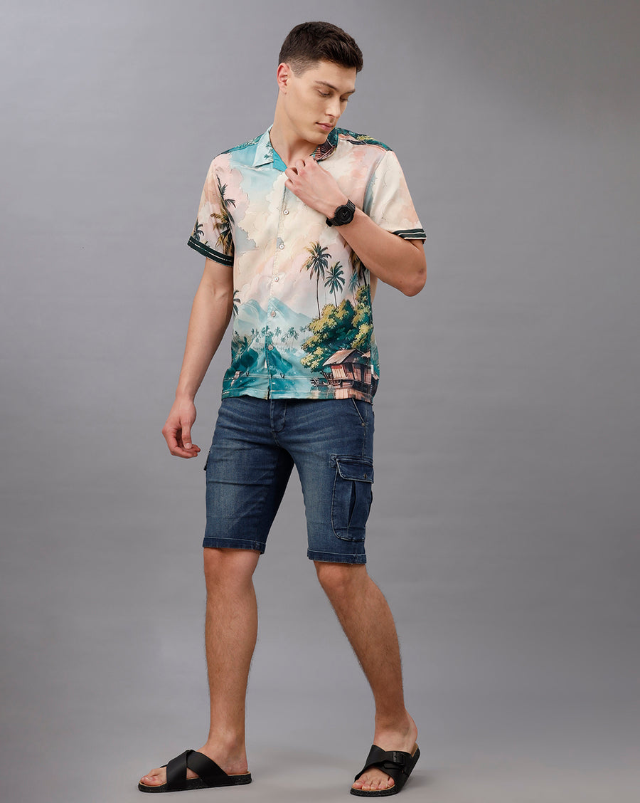 GREEN AOP REGULAR FIT POLYESTER SHIRT