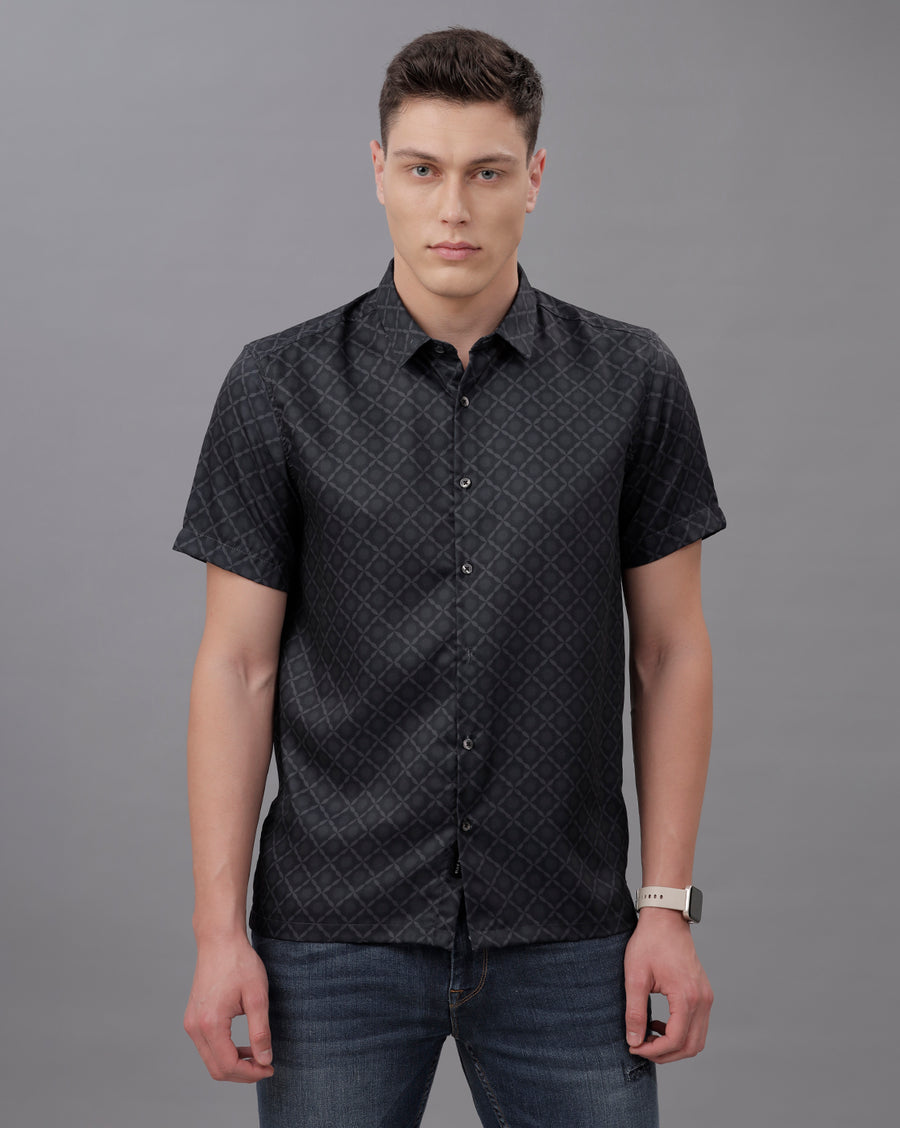 BLACK AOP REGULAR FIT POLYESTER SHIRT