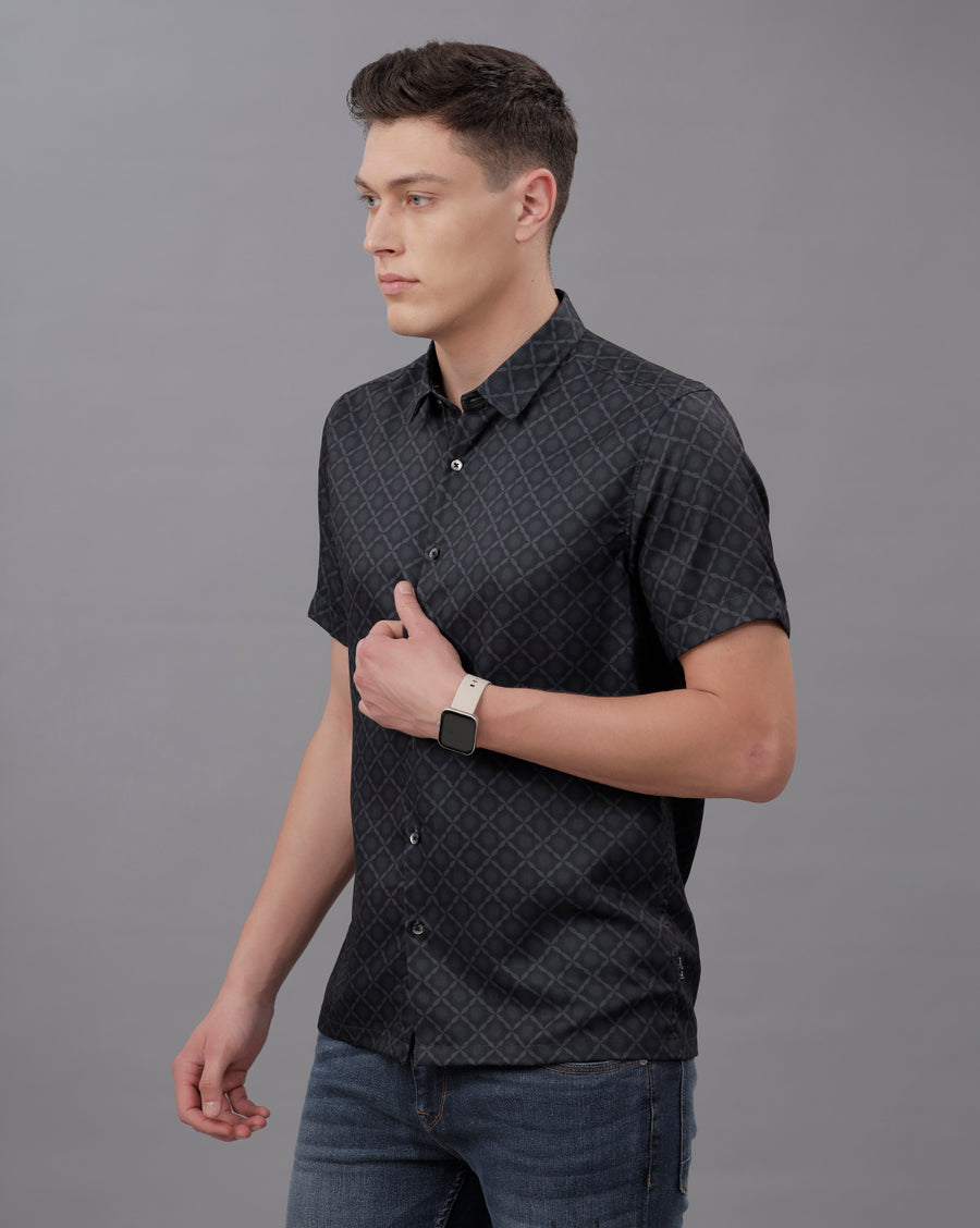 BLACK AOP REGULAR FIT POLYESTER SHIRT