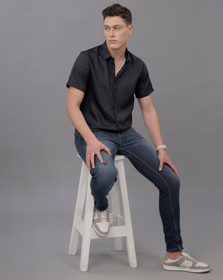 BLACK AOP REGULAR FIT POLYESTER SHIRT