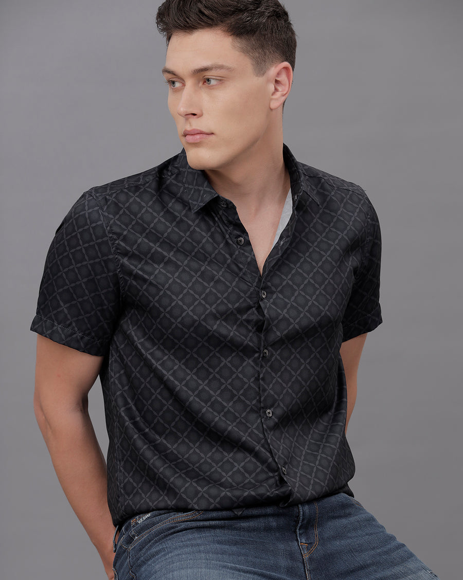 BLACK AOP REGULAR FIT POLYESTER SHIRT
