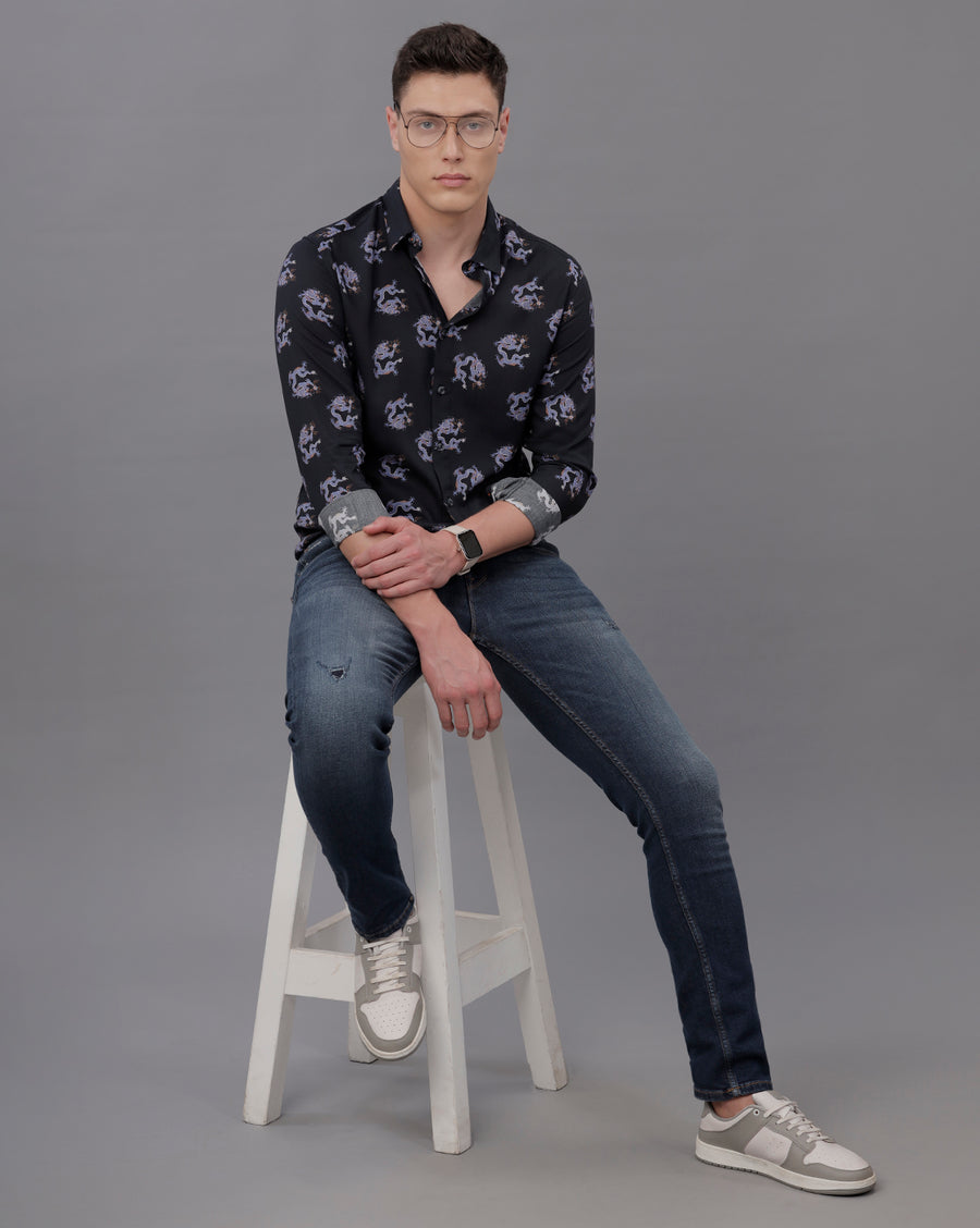 BLACK BLUE REGULAR  FIT VISCOSE SHIRT
