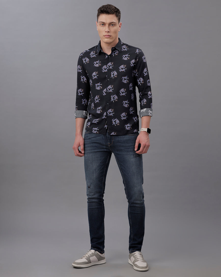 BLACK BLUE REGULAR  FIT VISCOSE SHIRT