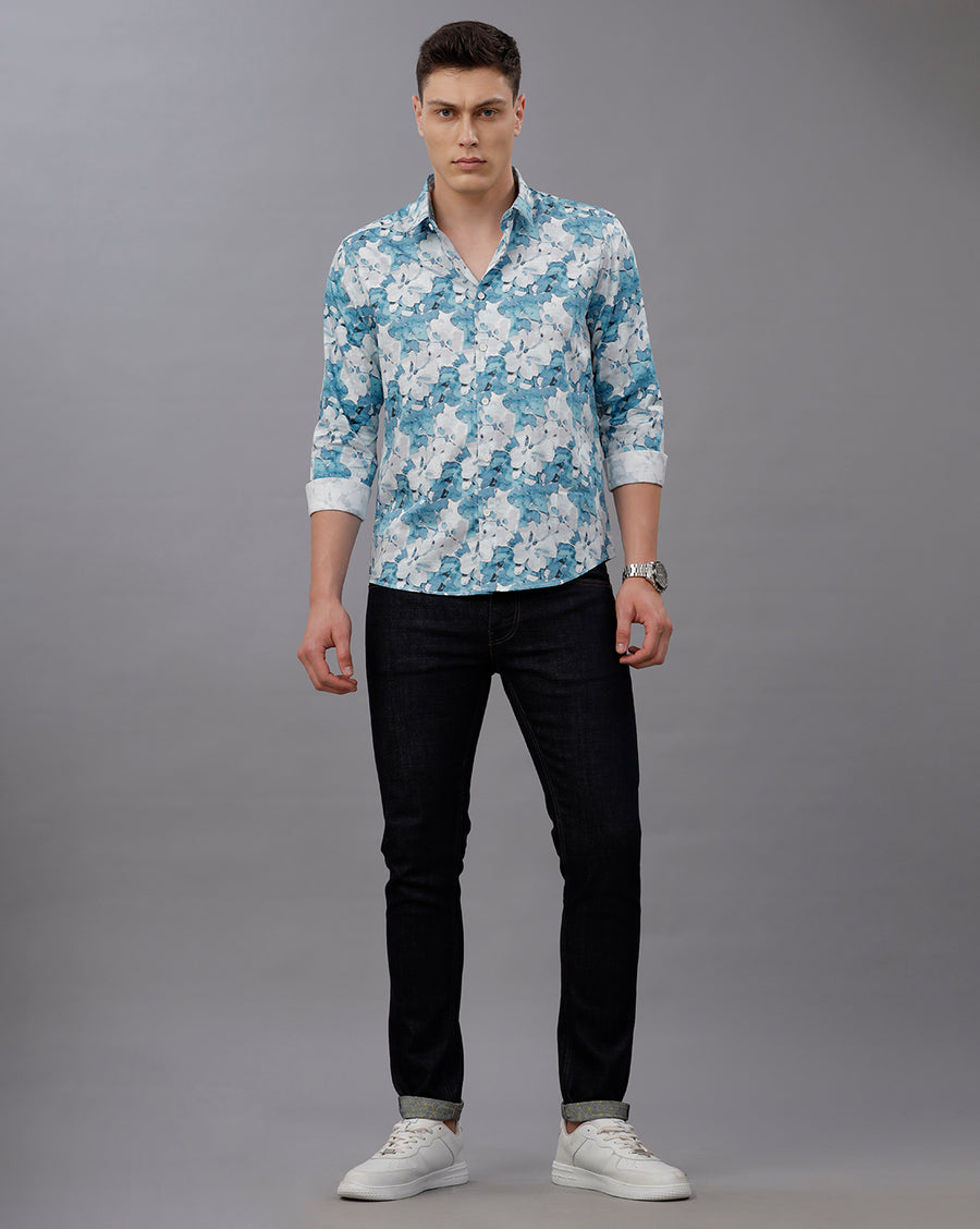 BLUE AOP REGULAR  FIT COTTON SHIRT