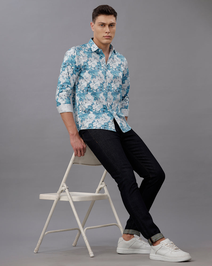 BLUE AOP REGULAR  FIT COTTON SHIRT