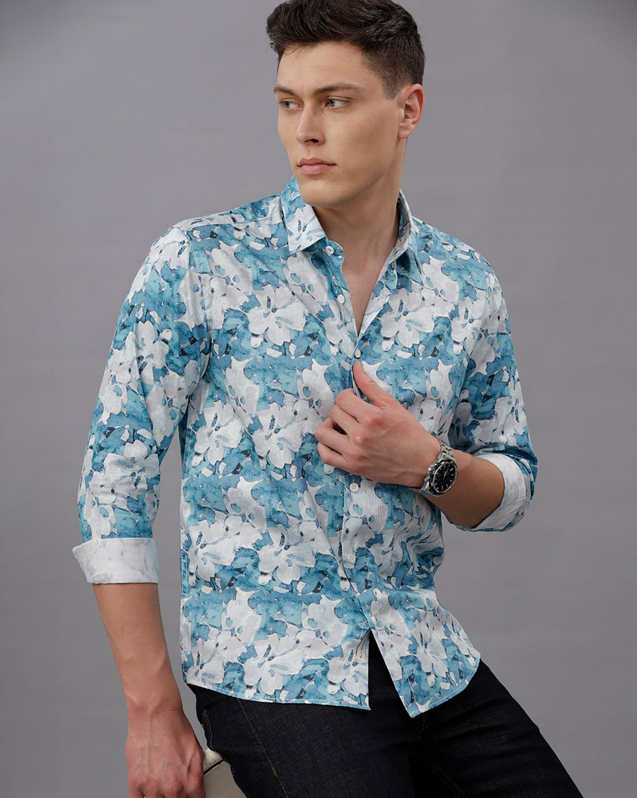 BLUE AOP REGULAR  FIT COTTON SHIRT