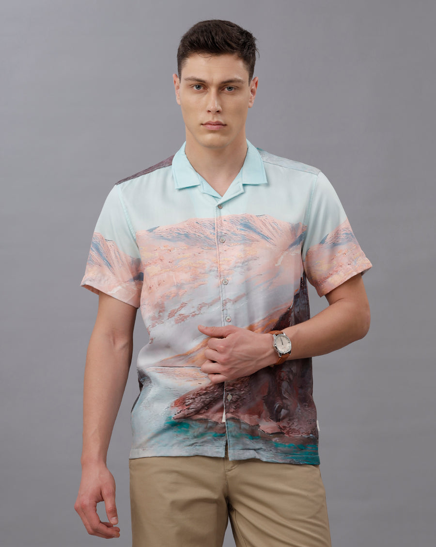 GREEN AOP REGULAR FIT POLYESTER SHIRT