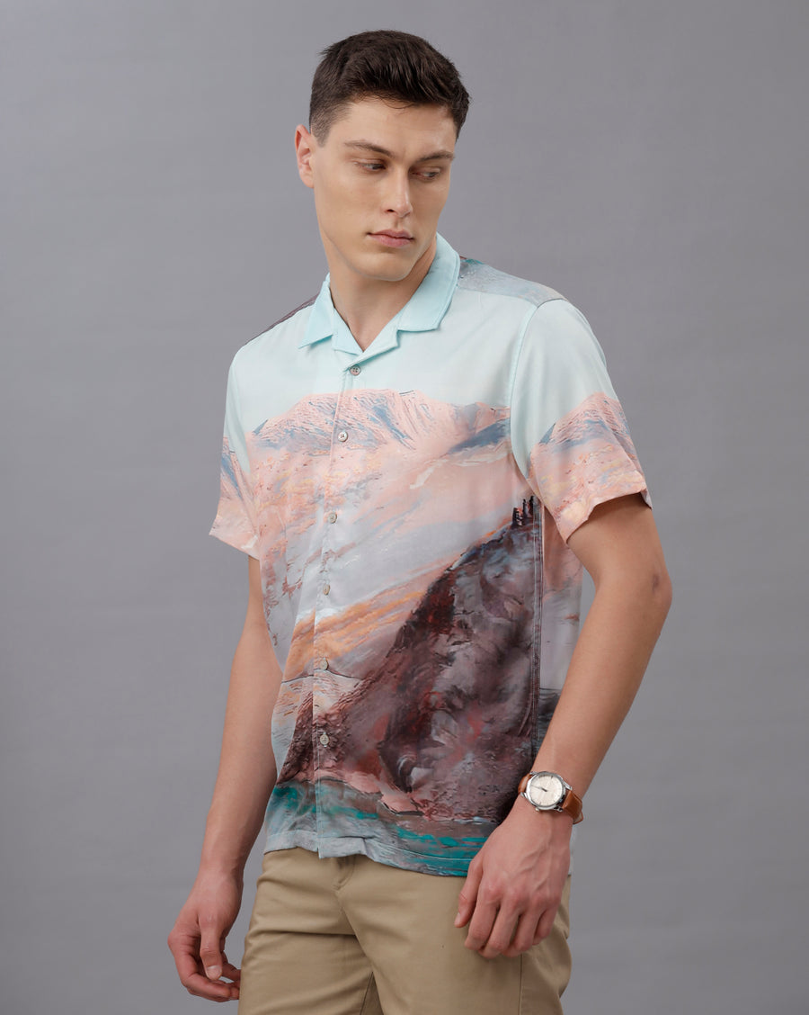 GREEN AOP REGULAR FIT POLYESTER SHIRT
